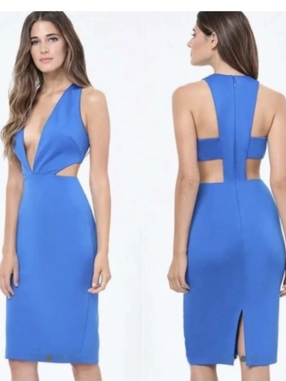 NEW Bebe blue side cutout deep v neck ponte top skirt dress midi L Large